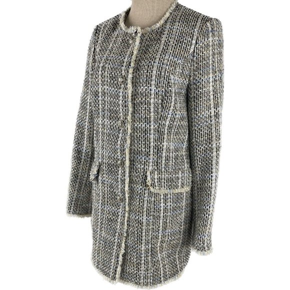 KARL LAGERFELD Size 10 Tweed Pattern LONG Peacoat Jacket Blazer - Picture 4 of 16
